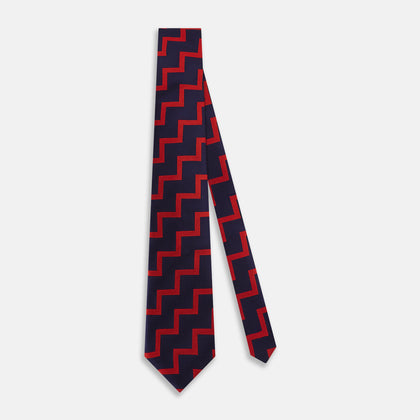 Seven-Fold Silk Red and Navy Geometric Tie Image 1