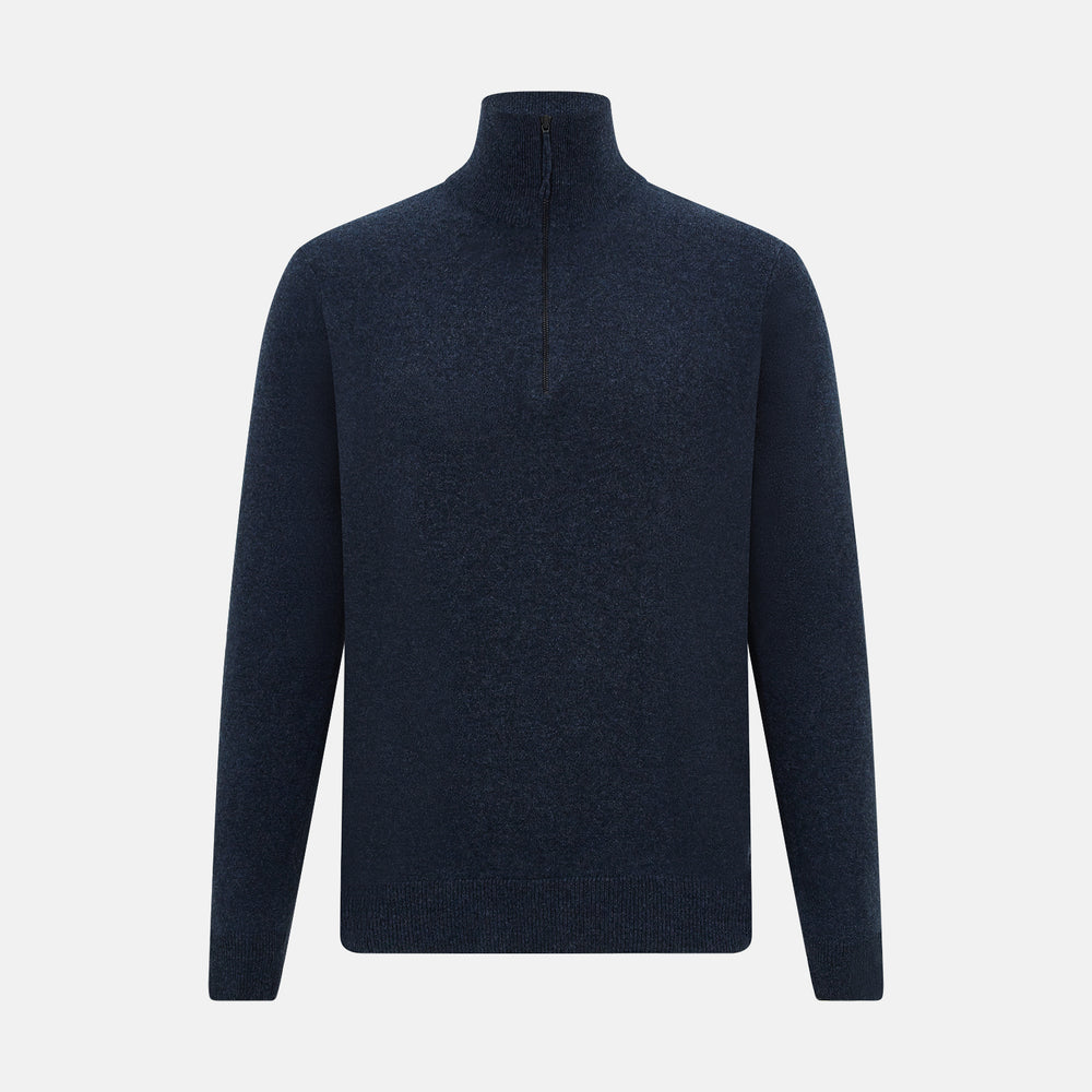 The Turnbull & Asser Navy Melange Half-Zip Cashmere Jumper features long sleeves, a high collar, and a half-zip front, showcased on a plain white background.