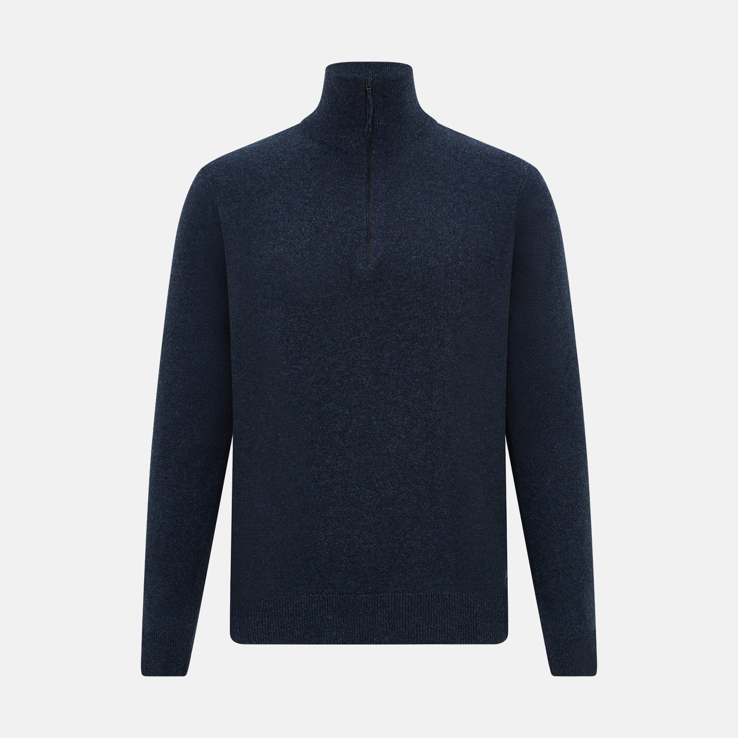 View 1 of product The Turnbull & Asser Navy Melange Half-Zip Cashmere Jumper features long sleeves, a high collar, and a half-zip front, showcased on a plain white background.