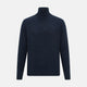 The Turnbull & Asser Navy Melange Half-Zip Cashmere Jumper features long sleeves, a high collar, and a half-zip front, showcased on a plain white background.