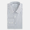 View 5 of product The Turnbull & Asser Navy Multi Stripe Mayfair Shirt, a pure cotton button-up with long sleeves and a collar, features thin vertical blue and white stripes and is displayed flat on a white background.