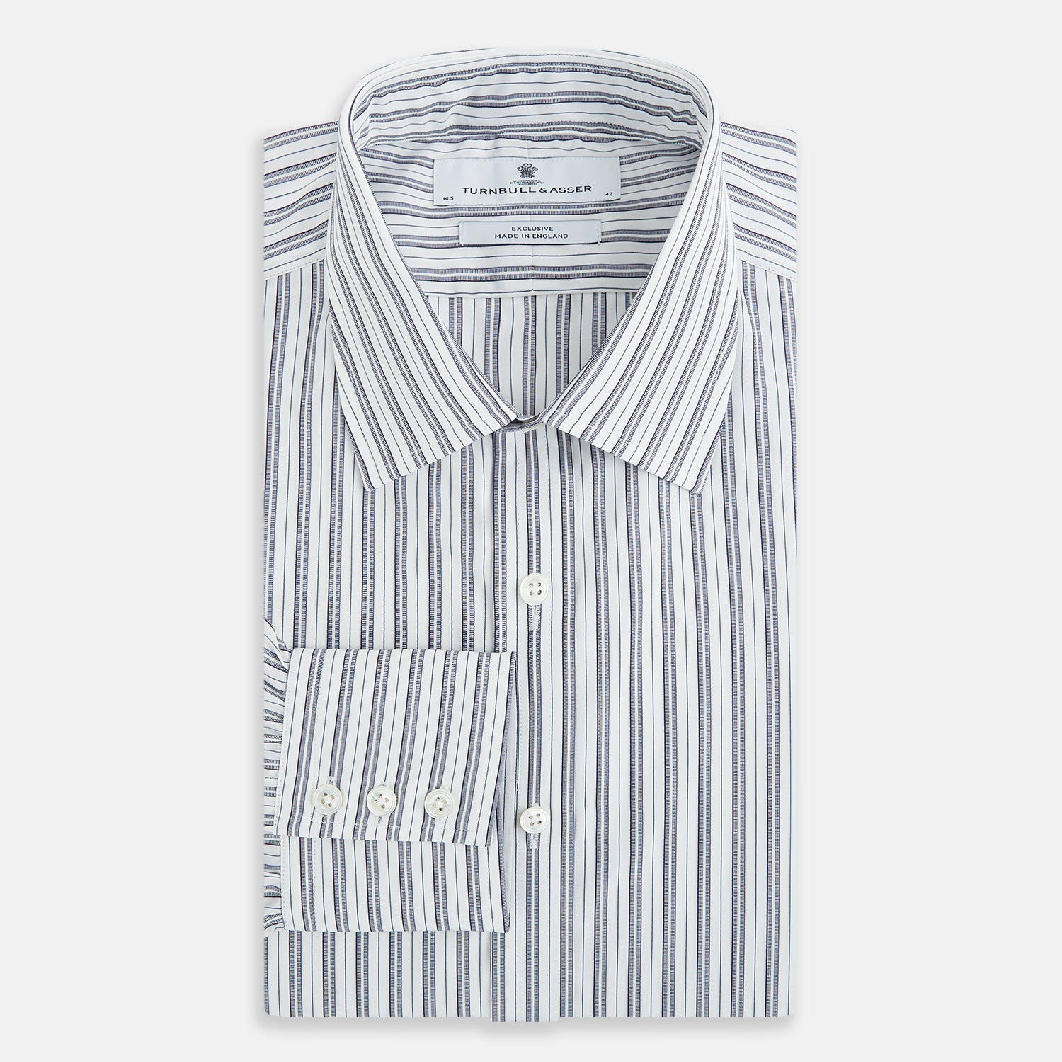 View 5 of product The Turnbull & Asser Navy Multi Stripe Mayfair Shirt, a pure cotton button-up with long sleeves and a collar, features thin vertical blue and white stripes and is displayed flat on a white background.