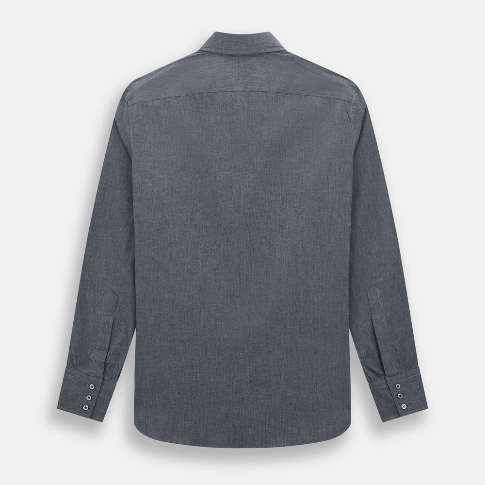 The Turnbull & Asser Azzurro Westminster Shirt in dark grey features long sleeves, a classic collar, buttoned cuffs, and a straight hem, showcased against a white background, highlighting refined British craftsmanship.