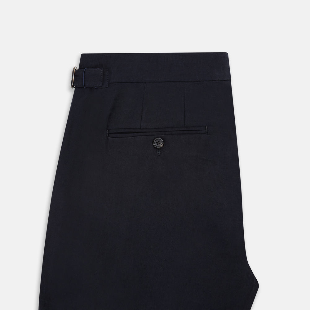 A pair of tailored, straight-leg Navy Linen Blend Henry Trousers by Turnbull & Asser with button and zip closure, displayed against a plain white background.