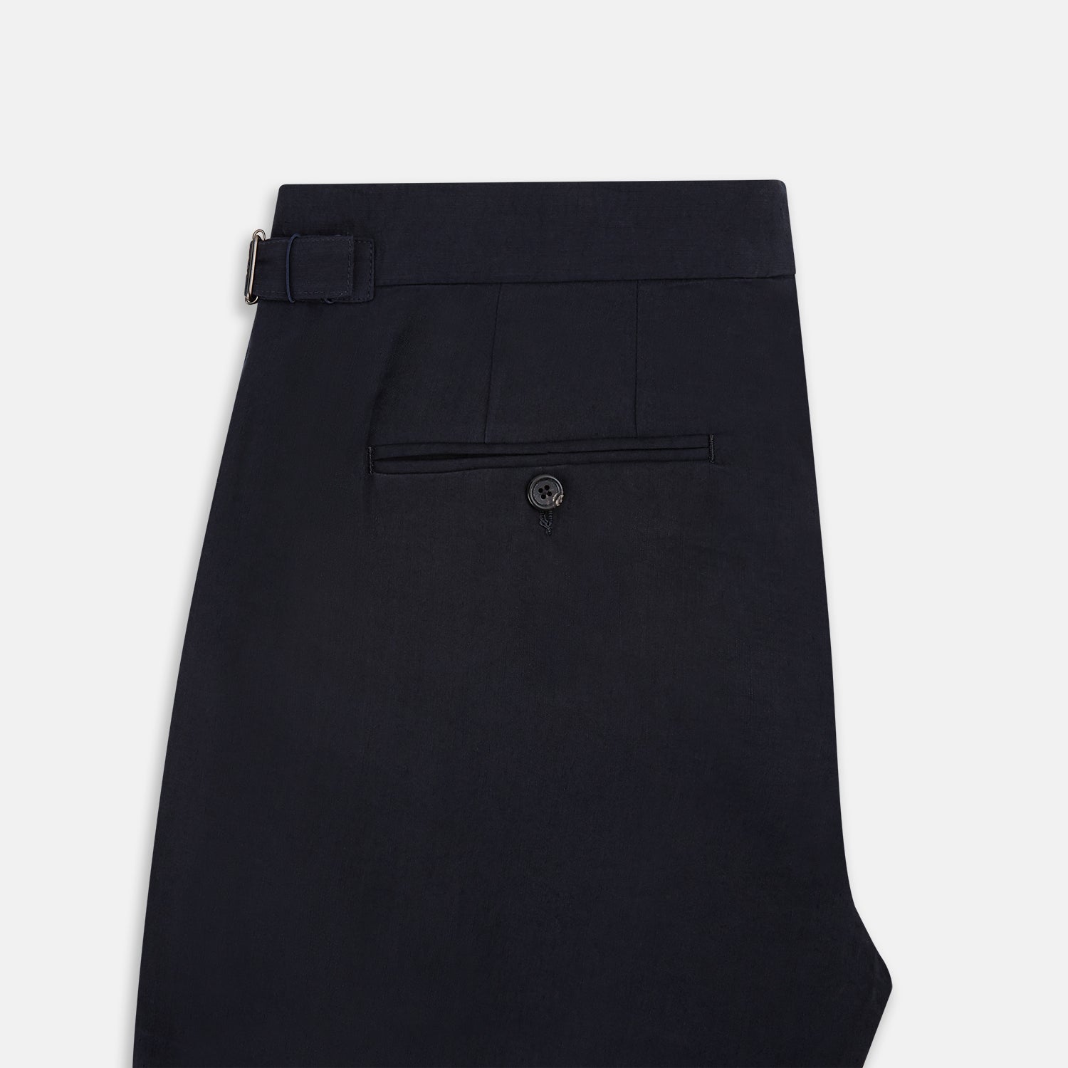 View 5 of product A pair of tailored, straight-leg Navy Linen Blend Henry Trousers by Turnbull & Asser with button and zip closure, displayed against a plain white background.