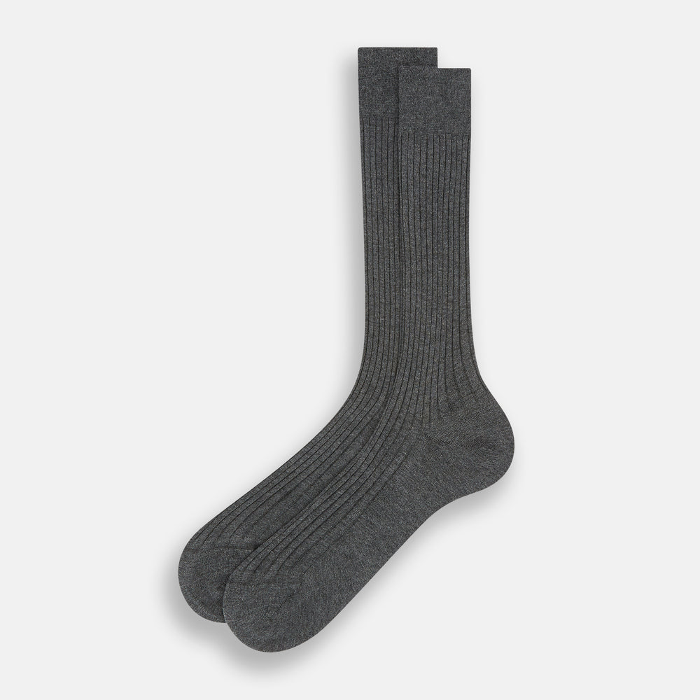 A single Grey Organic Cotton Mid-Length Sock by Turnbull & Asser is shown upright on a white background, featuring a ribbed texture and reinforced cuff.