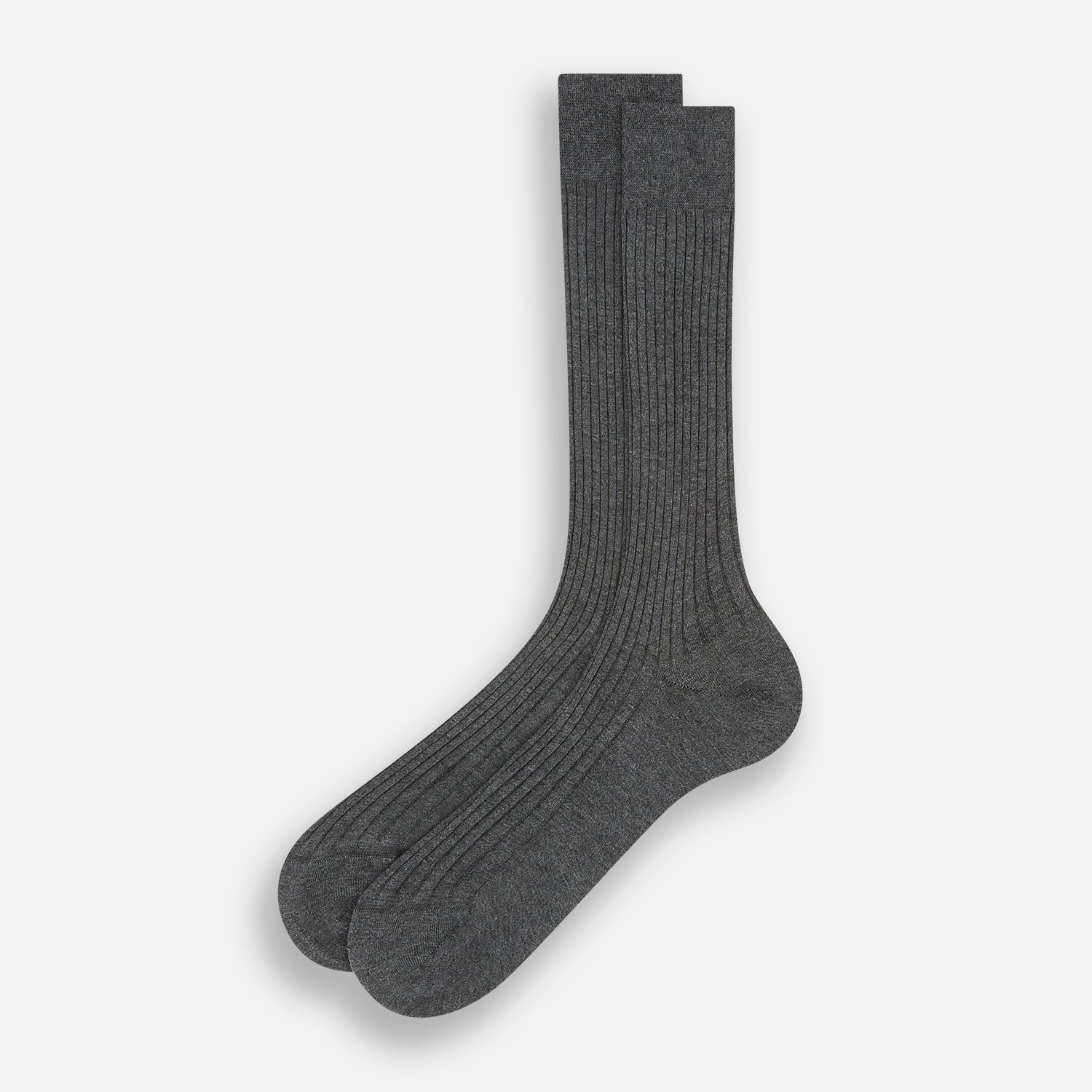 View 2 of product A single Grey Organic Cotton Mid-Length Sock by Turnbull & Asser is shown upright on a white background, featuring a ribbed texture and reinforced cuff.