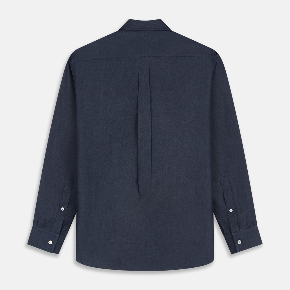 The Turnbull & Asser Blue Weekend Fit Finch Shirt features a Derby collar, chest pocket, classic white buttons, and timeless style, all in cotton. Laid flat on a white background.
