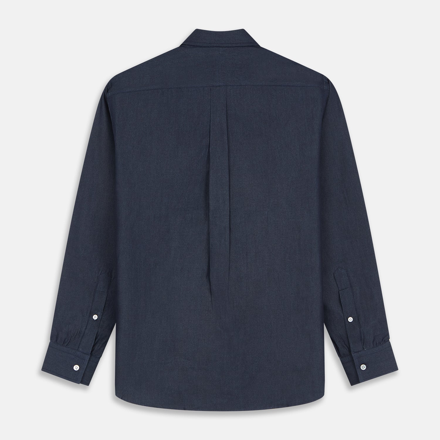 View 5 of product The Turnbull & Asser Blue Weekend Fit Finch Shirt features a Derby collar, chest pocket, classic white buttons, and timeless style, all in cotton. Laid flat on a white background.