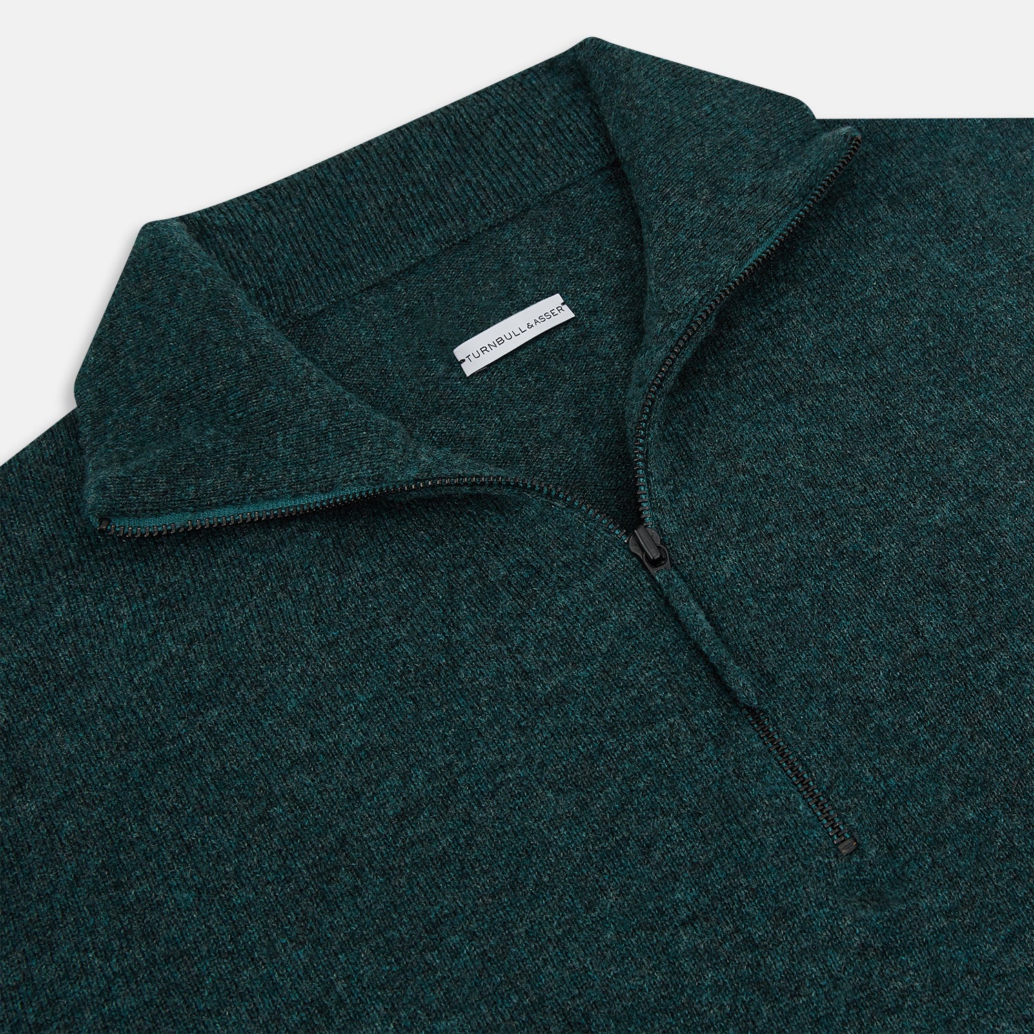 View 2 of product The Forest Green Melange Half-Zip Cashmere Jumper by Turnbull & Asser features a high collar and long sleeves, showcased against a plain white background.