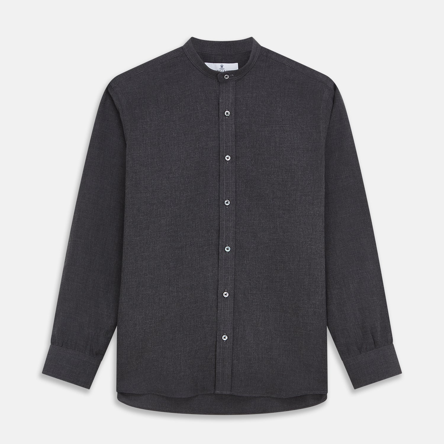 View 1 of product The Turnbull & Asser Charcoal Cotton Blend Weekend Fit Blake Shirt is a long-sleeve, stand-collar shirt with white buttons. Its minimalist design, with no pockets or patterns, makes it perfect for casual wear. Displayed flat on a white background.