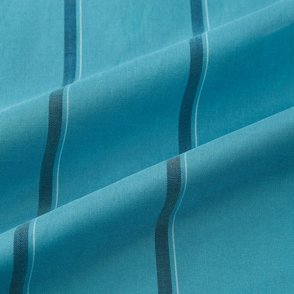 The Turnbull & Asser Turquoise Track Stripe Shirt features a Mayfair fit, contrast white T&A collar and double cuffs, black vertical stripes, and long sleeves, displayed flat on a light background.