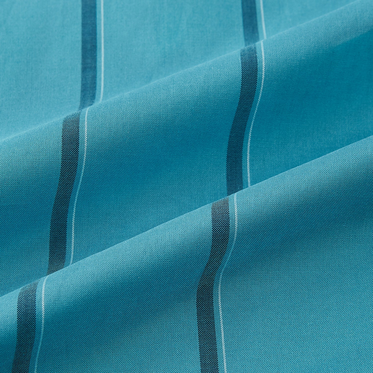 View 6 of product The Turnbull & Asser Turquoise Track Stripe Shirt features a Mayfair fit, contrast white T&A collar and double cuffs, black vertical stripes, and long sleeves, displayed flat on a light background.