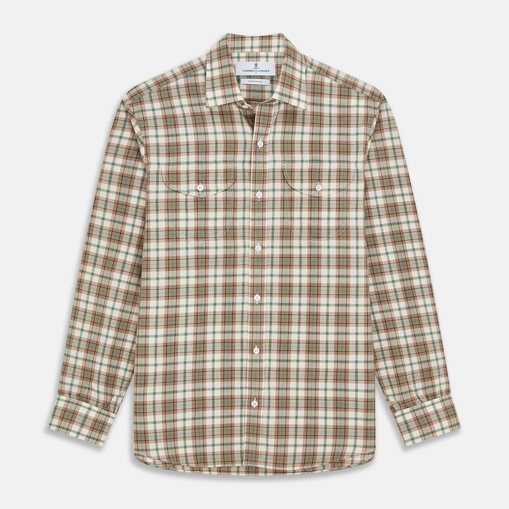 The Turnbull & Asser Green and Oatmeal Cotton Weekend Fit Langston Shirt features a Derby collar, long sleeves, two button-flap chest pockets, crisp white buttons, and a stylish plaid pattern.