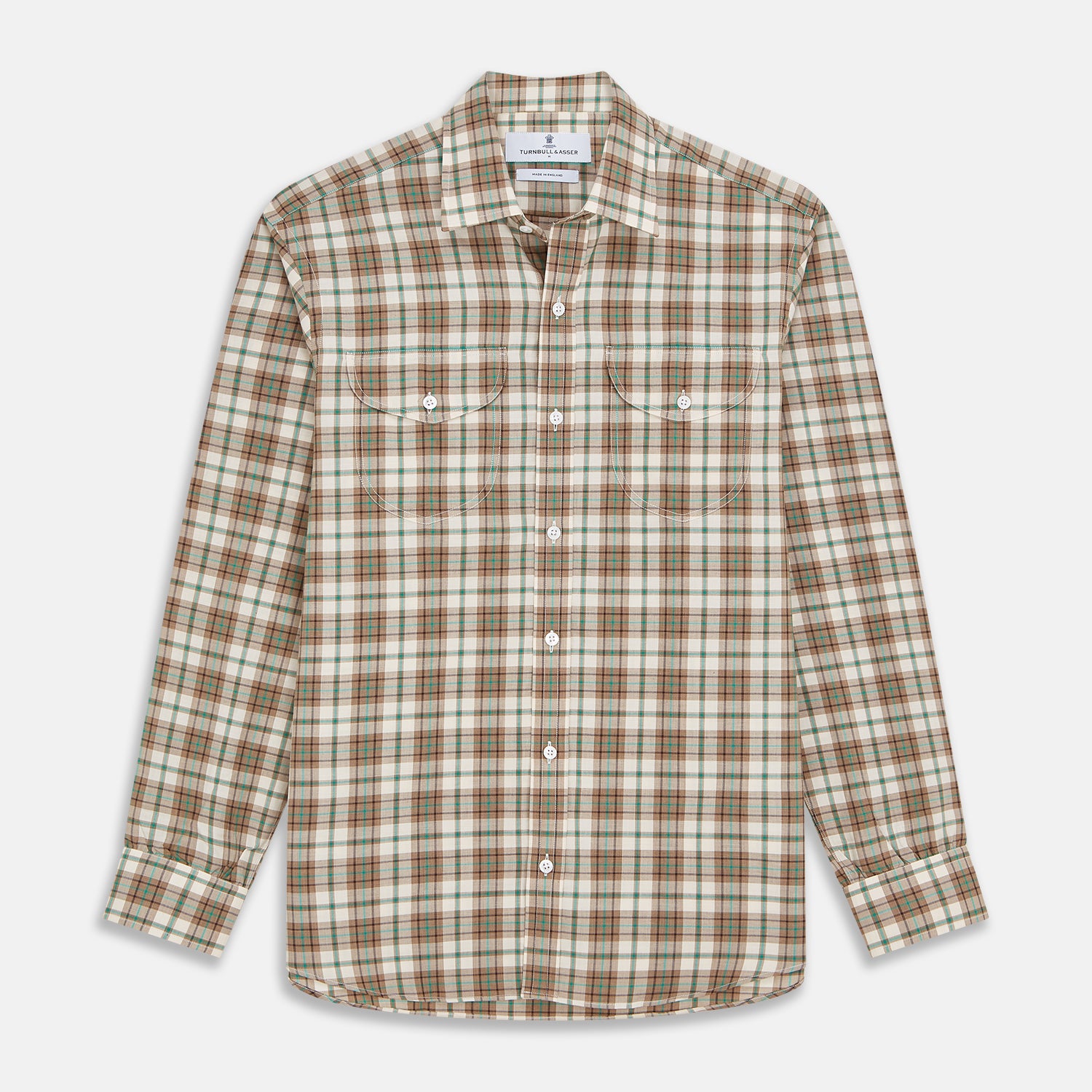 View 1 of product The Turnbull & Asser Green and Oatmeal Cotton Weekend Fit Langston Shirt features a Derby collar, long sleeves, two button-flap chest pockets, crisp white buttons, and a stylish plaid pattern.