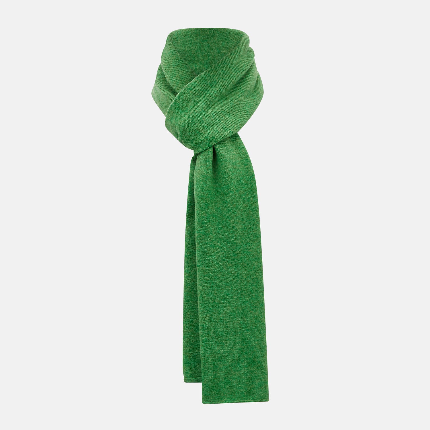 View 1 of product The Turnbull & Asser Plain Kelly Green Cashmere Knitted Scarf is shown looped at the top with both ends hanging down, its soft texture and vibrant color standing out against a plain white background.