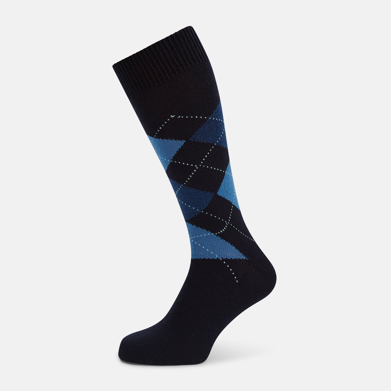 View 1 of product A single Turnbull & Asser Navy/Blue Wool Check Mid-Length Sock, featuring a blue and light blue check pattern, is displayed upright on a plain white background.