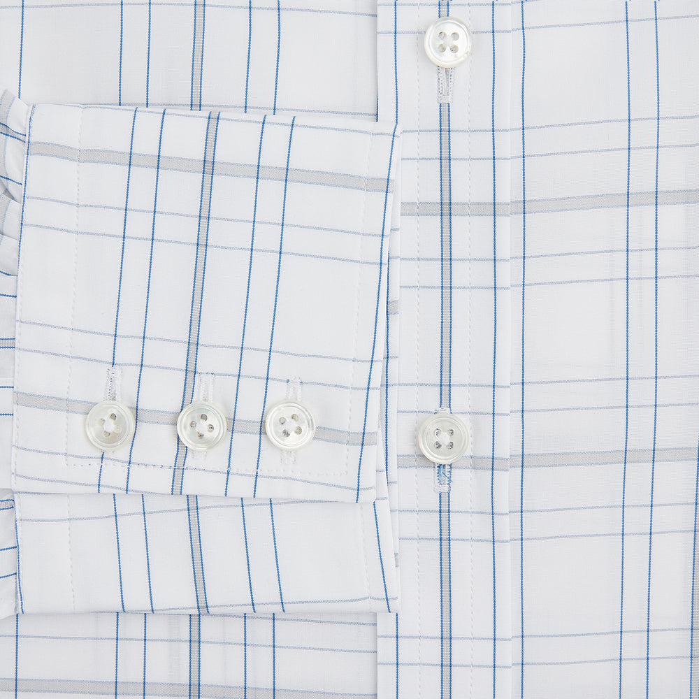 The Turnbull & Asser Blue and Grey Multi Check Mayfair Shirt features a T&A collar, cuffed long sleeves, and a light blue and gray plaid pattern on white.