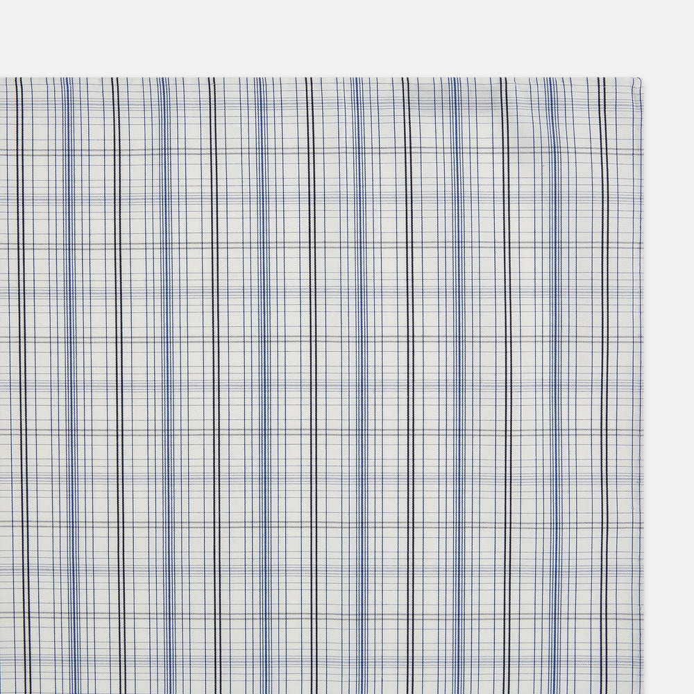 The Turnbull & Asser Blue and Navy Multi Check Hand-Rolled Handkerchief features a blue and white plaid design with thin, evenly spaced lines, shown flat against a white background.