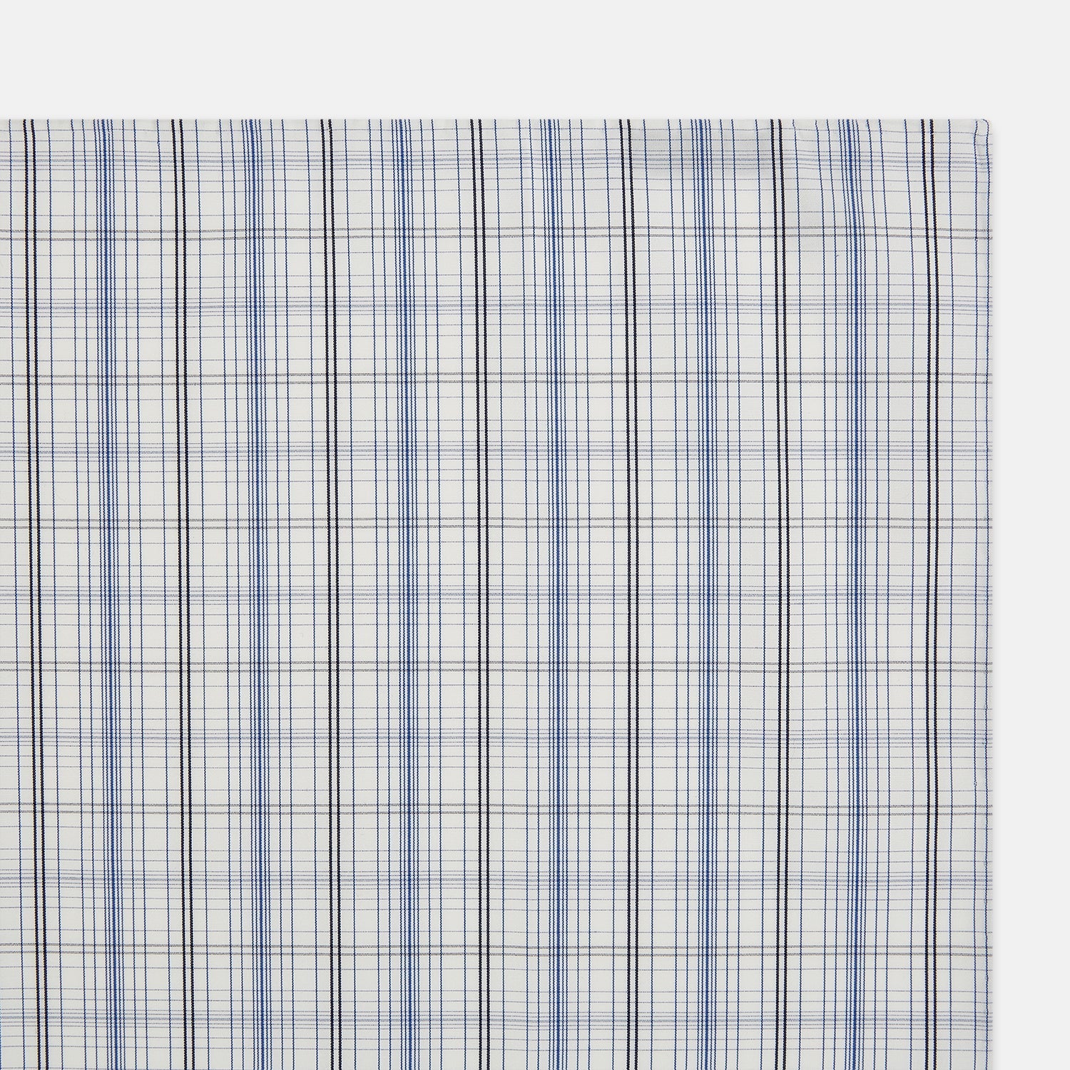 View 2 of product The Turnbull & Asser Blue and Navy Multi Check Hand-Rolled Handkerchief features a blue and white plaid design with thin, evenly spaced lines, shown flat against a white background.