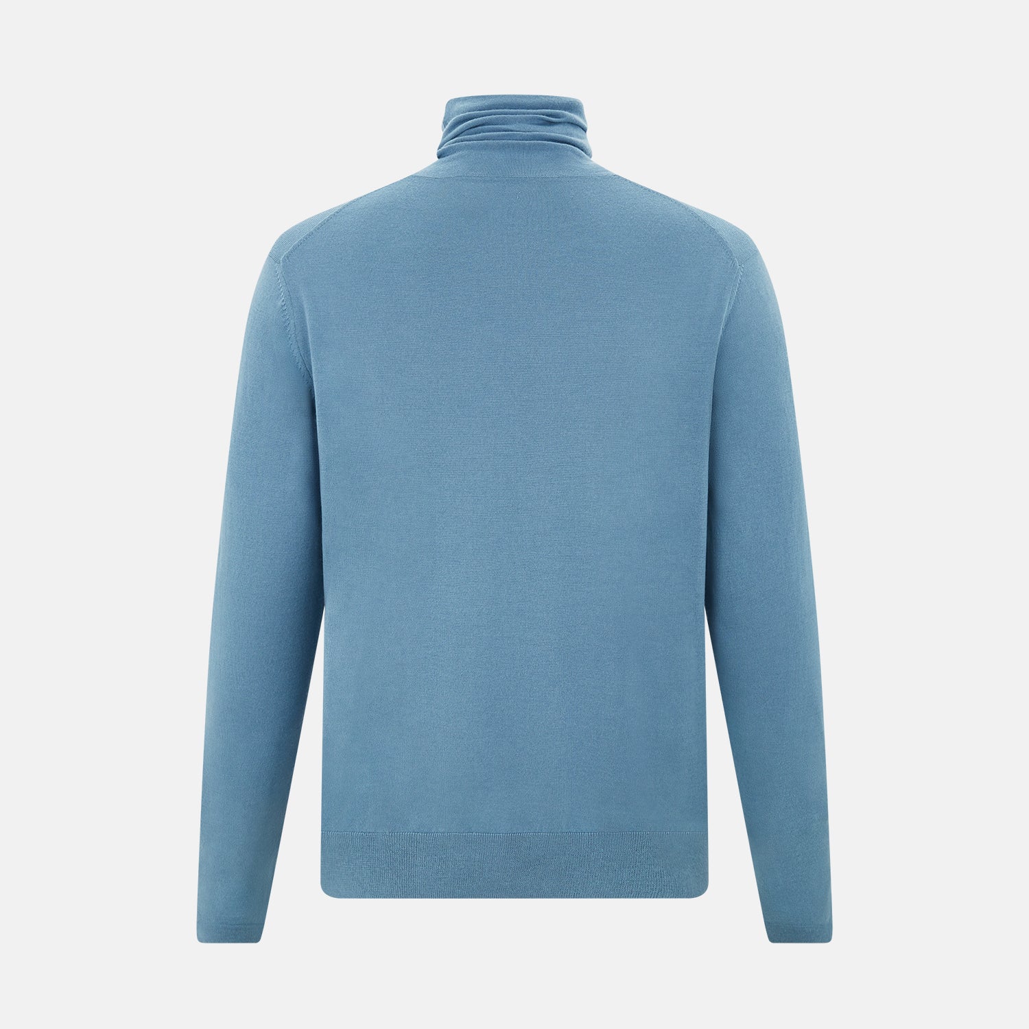 View 3 of product Turnbull & Asser's Pale Blue Fine Merino High Neck Jumper is shown on a plain white background, featuring a simple, classic design with long sleeves and no visible patterns or embellishments.