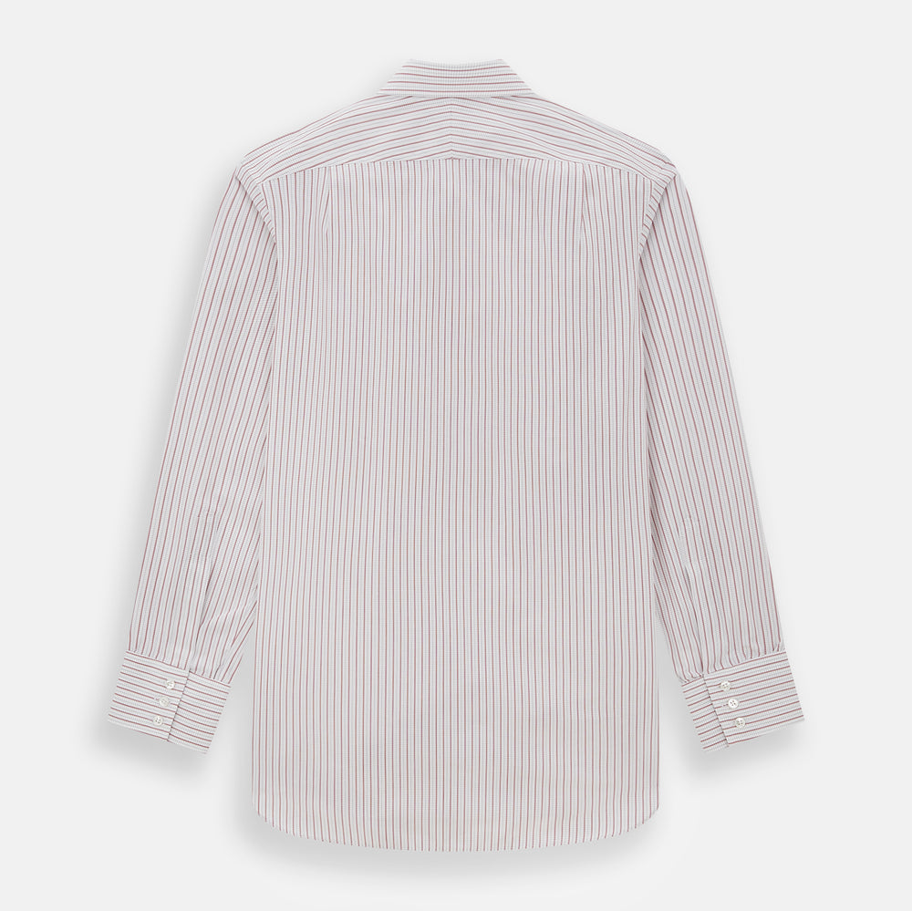 The Turnbull & Asser Red Graph Check Mayfair Shirt features a classic collar and buttoned cuffs, with red and blue stripes on white, ideal for formal wear. Laid flat on a white surface.