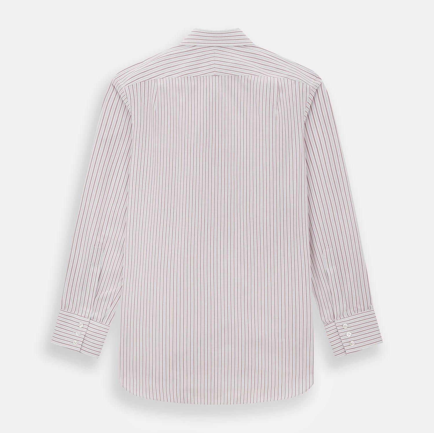 View 3 of product The Turnbull & Asser Red Graph Check Mayfair Shirt features a classic collar and buttoned cuffs, with red and blue stripes on white, ideal for formal wear. Laid flat on a white surface.