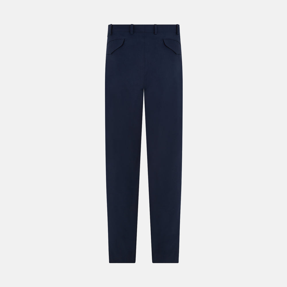 Turnbull & Asser Navy Winston Trousers in high-twist cotton, featuring a straight-leg cut, button and zipper closure, belt loops, and side pockets, displayed on a plain white background.