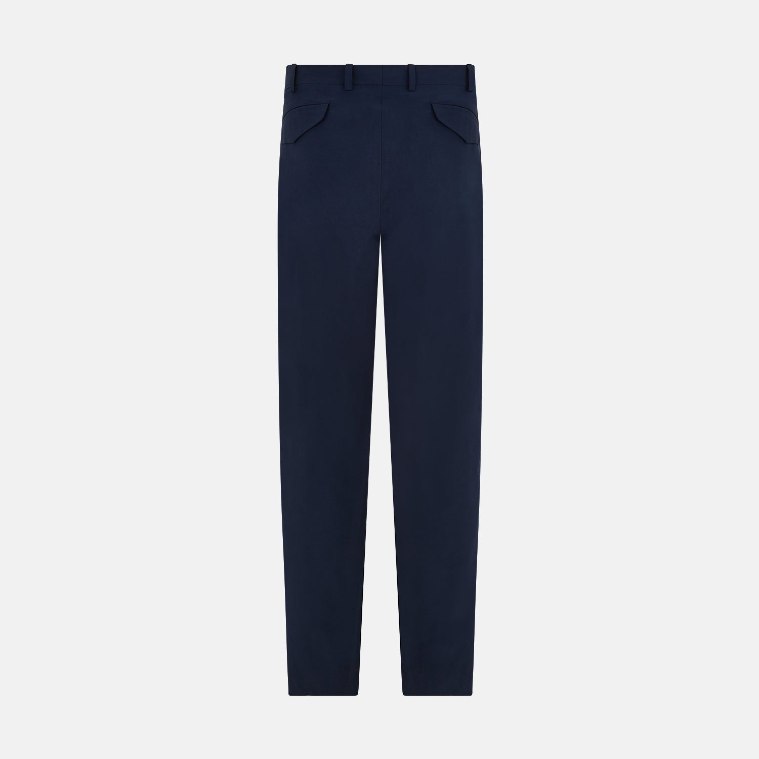View 3 of product Turnbull & Asser Navy Winston Trousers in high-twist cotton, featuring a straight-leg cut, button and zipper closure, belt loops, and side pockets, displayed on a plain white background.