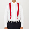 View 3 of product Two Red Adjustable Felt Braces by Turnbull & Asser, featuring white leather ends and silver-tone clasps, made in England from classic boxcloth, are laid flat on a white background.