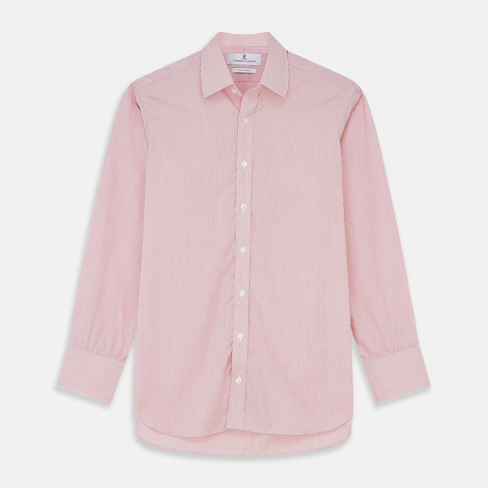 Close-up of Turnbull & Asser's Pink and White Stripe Cotton Fabric, featuring thin diagonal stripes in a circular frame on a plain light gray background.