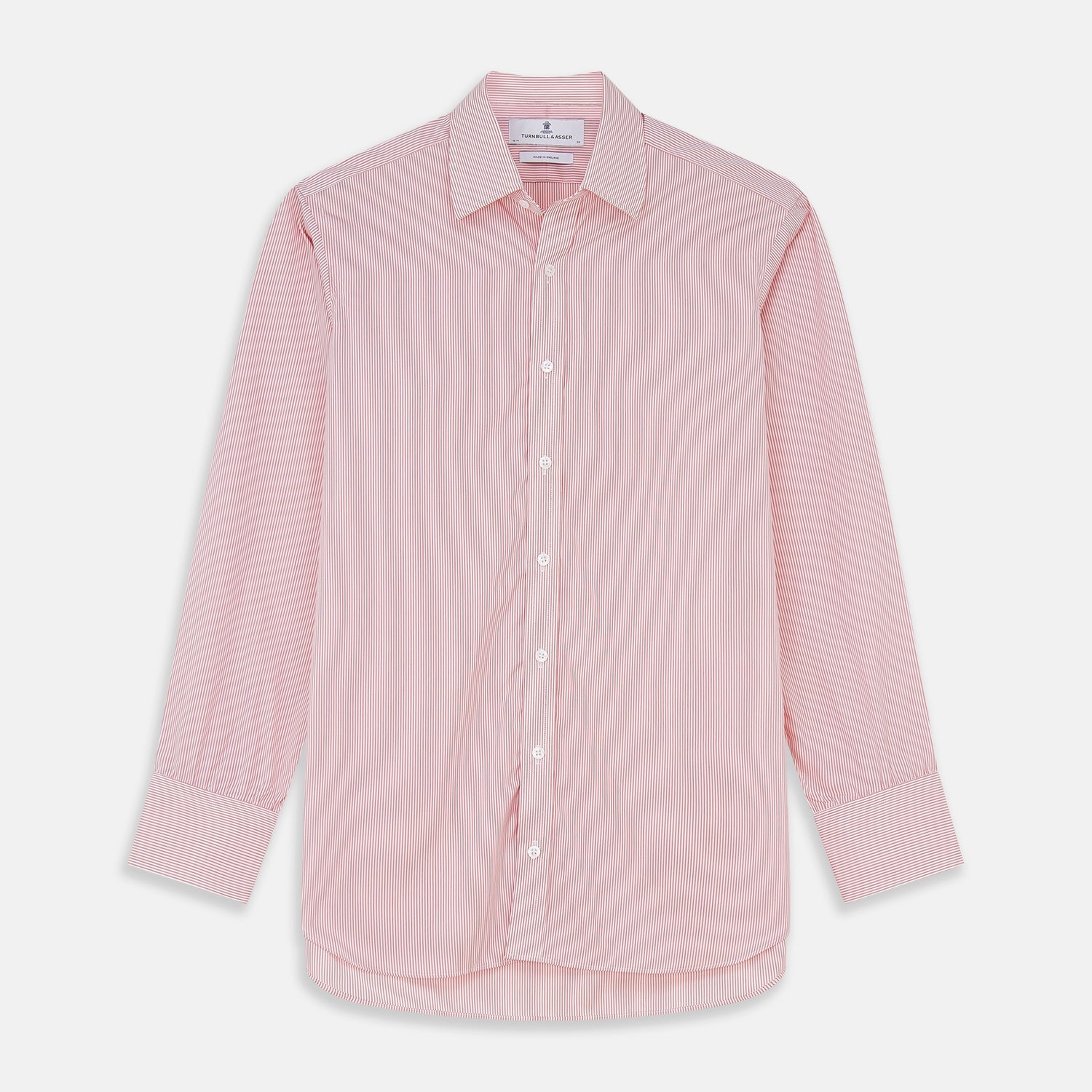 View 2 of product Close-up of Turnbull & Asser's Pink and White Stripe Cotton Fabric, featuring thin diagonal stripes in a circular frame on a plain light gray background.