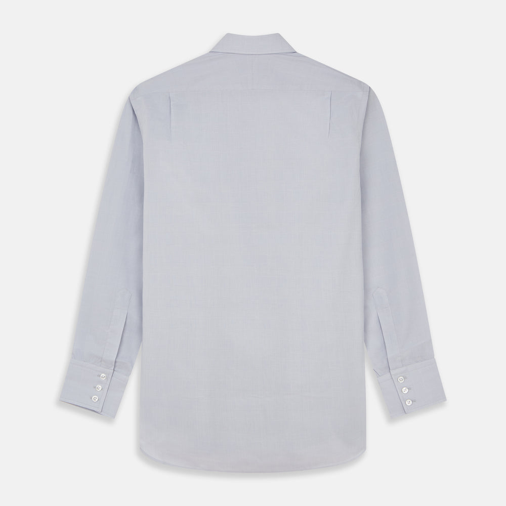 The Turnbull & Asser Faded Blue Block Check Cotton Regular Fit Mayfair Shirt, featuring long sleeves, a classic collar, and white buttons, is neatly laid flat on a white background.
