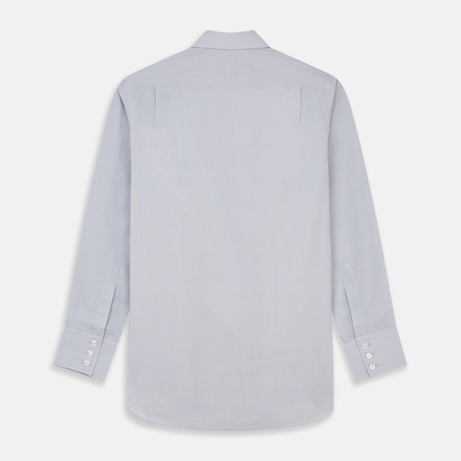 View 5 of product The Turnbull & Asser Faded Blue Block Check Cotton Regular Fit Mayfair Shirt, featuring long sleeves, a classic collar, and white buttons, is neatly laid flat on a white background.