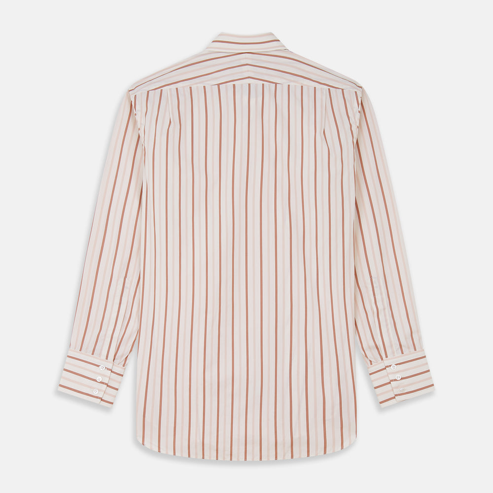 The Pink and Sandstone Stripe Cotton Regular Fit Mayfair Shirt by Turnbull & Asser features vertical pink and sandstone stripes on white, a T&A collar, wide cuffs, and a slightly curved hem for refined detail.