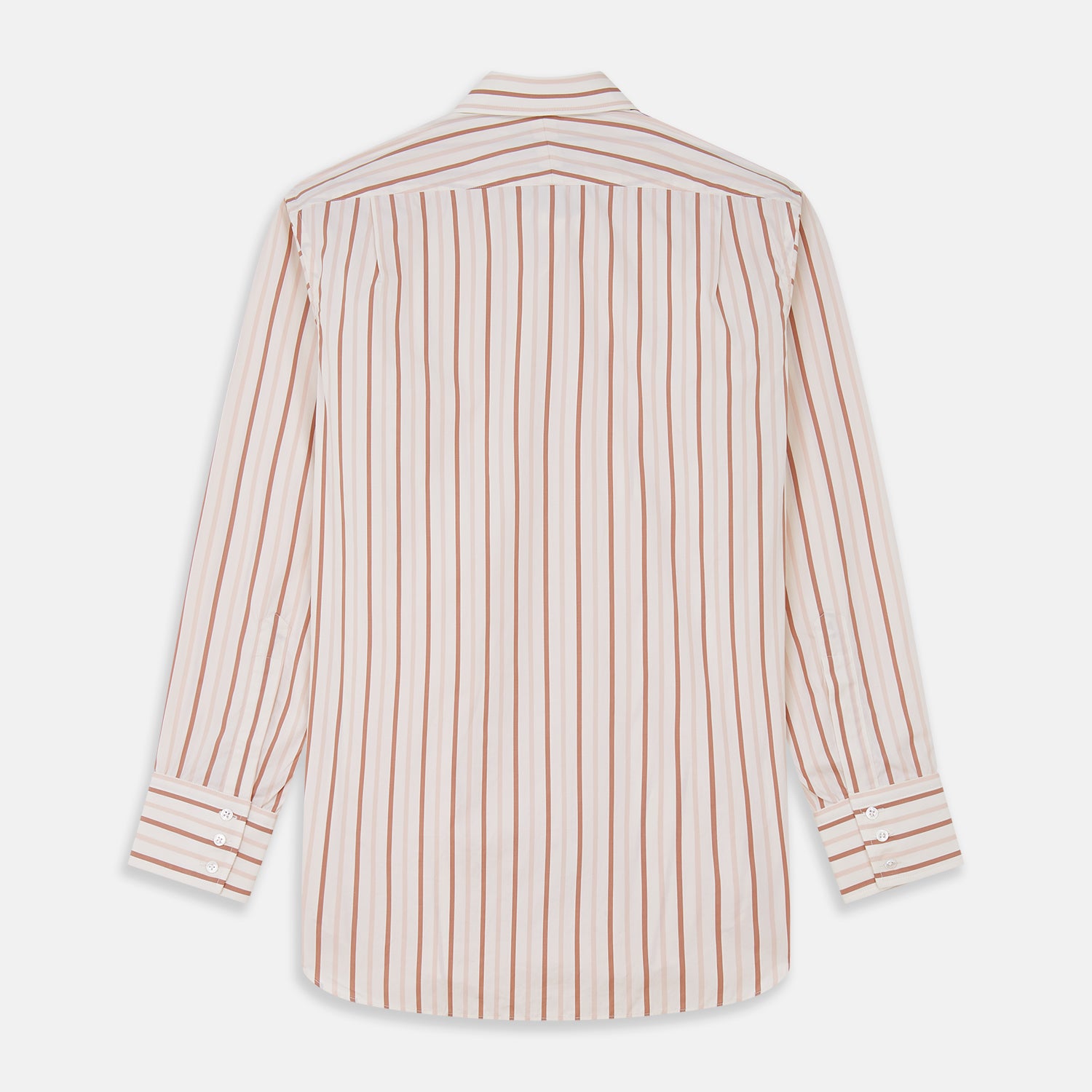 View 5 of product The Pink and Sandstone Stripe Cotton Regular Fit Mayfair Shirt by Turnbull & Asser features vertical pink and sandstone stripes on white, a T&A collar, wide cuffs, and a slightly curved hem for refined detail.
