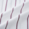 View 6 of product The Turnbull & Asser Wine Track Stripe Mayfair Shirt is a white long-sleeve shirt with vertical wine stripes and a pointed collar, crafted from premium Italian cotton and shown flat against a plain background.