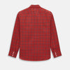 View 3 of product The Turnbull & Asser Dark Red Grid Check Windsor Shirt is a long-sleeved, button-up shirt with a dark red base and black and white grid pattern, displayed flat on a white background.