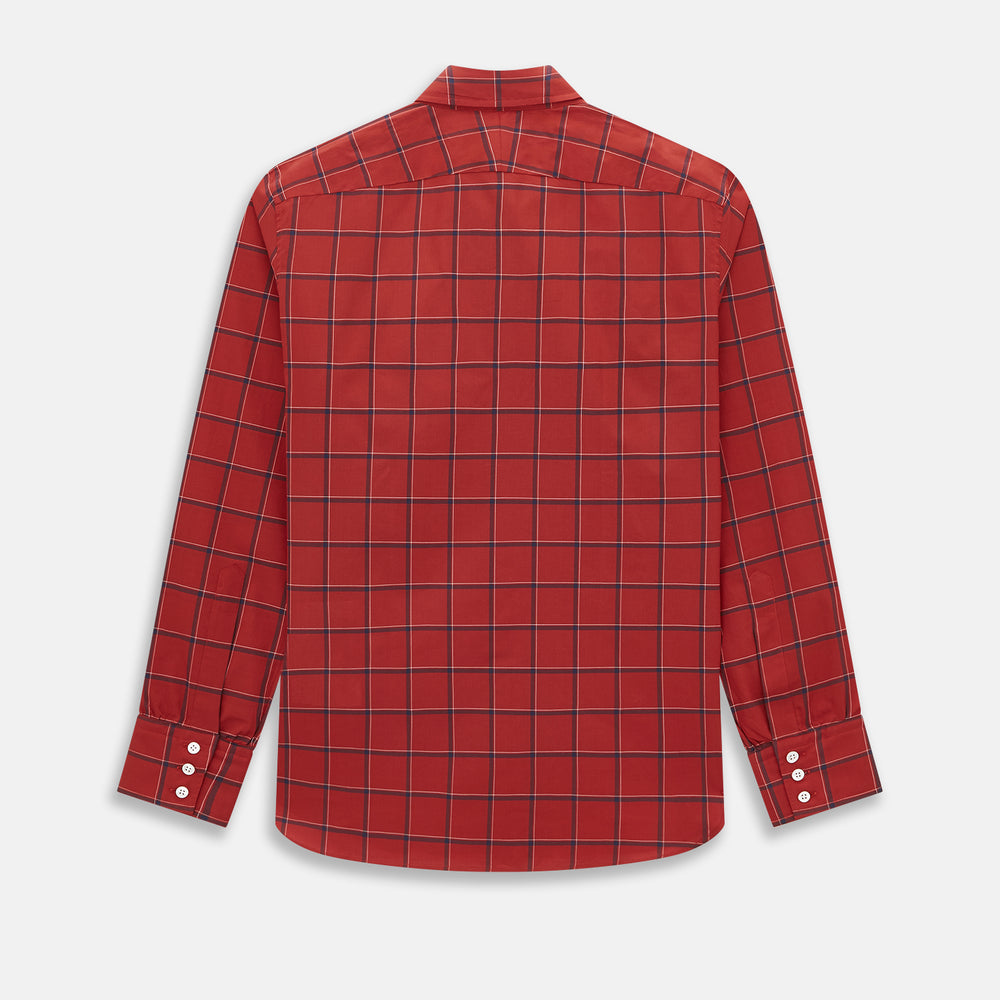The Turnbull & Asser Dark Red Grid Check Windsor Shirt is a long-sleeved, button-up shirt with a dark red base and black and white grid pattern, displayed flat on a white background.