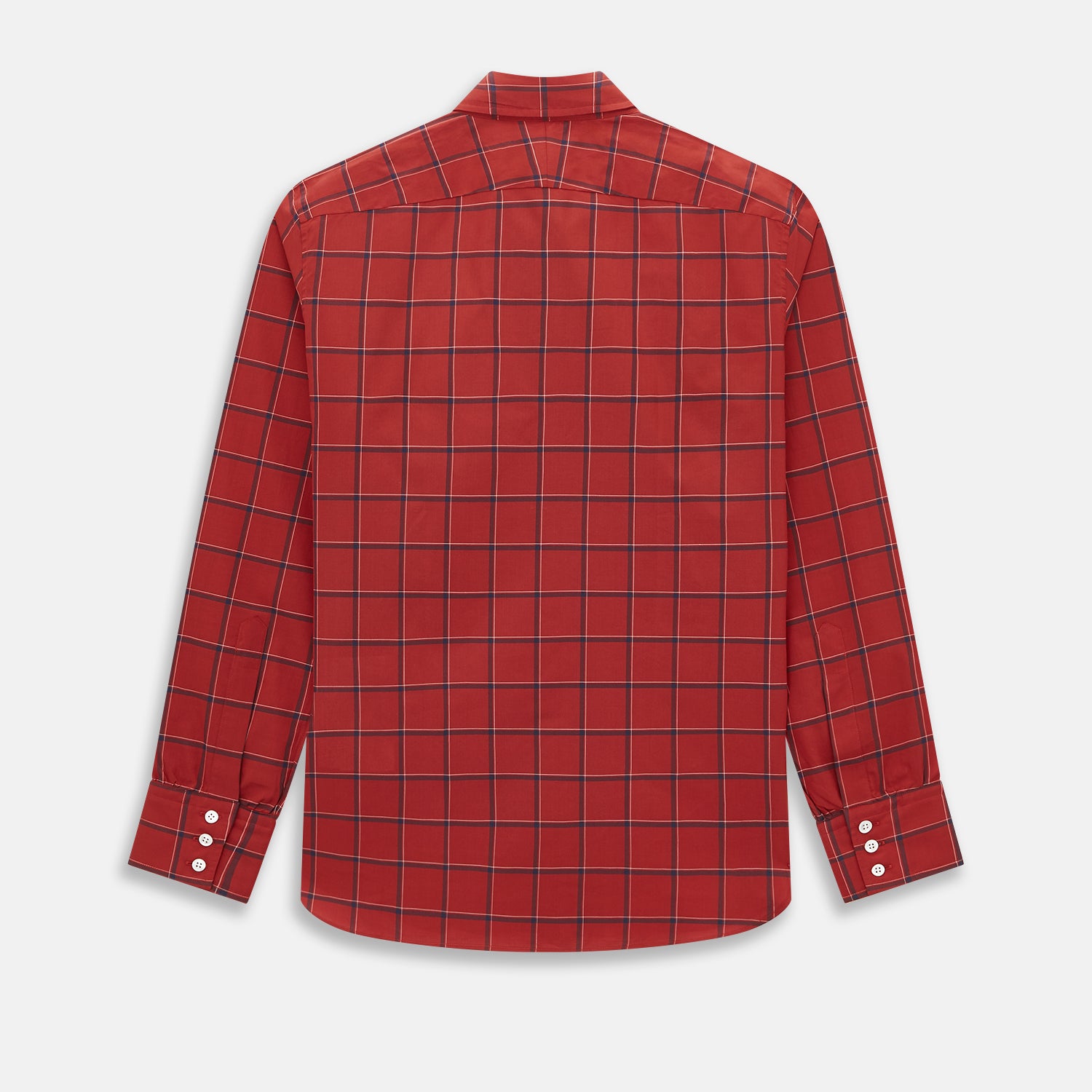 View 3 of product The Turnbull & Asser Dark Red Grid Check Windsor Shirt is a long-sleeved, button-up shirt with a dark red base and black and white grid pattern, displayed flat on a white background.