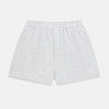 View 1 of product Turnbull & Asser Pink Grid Check Godfrey Boxer Shorts, crafted from Italian cotton with an elastic waistband, feature a pink grid pattern. The luxury boxer shorts are displayed flat against a plain white background.