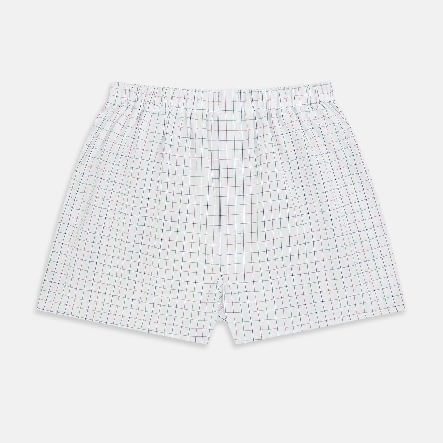 View 1 of product Turnbull & Asser Pink Grid Check Godfrey Boxer Shorts, crafted from Italian cotton with an elastic waistband, feature a pink grid pattern. The luxury boxer shorts are displayed flat against a plain white background.