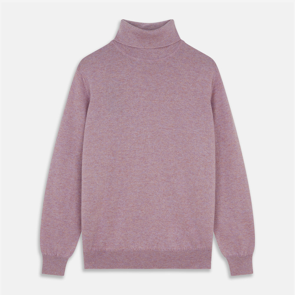 The Turnbull & Asser Lilac Heather Aubrey Cashmere Roll Neck Jumper features ribbed cuffs and hem—ideal for pairing with your favorite tailored trousers.