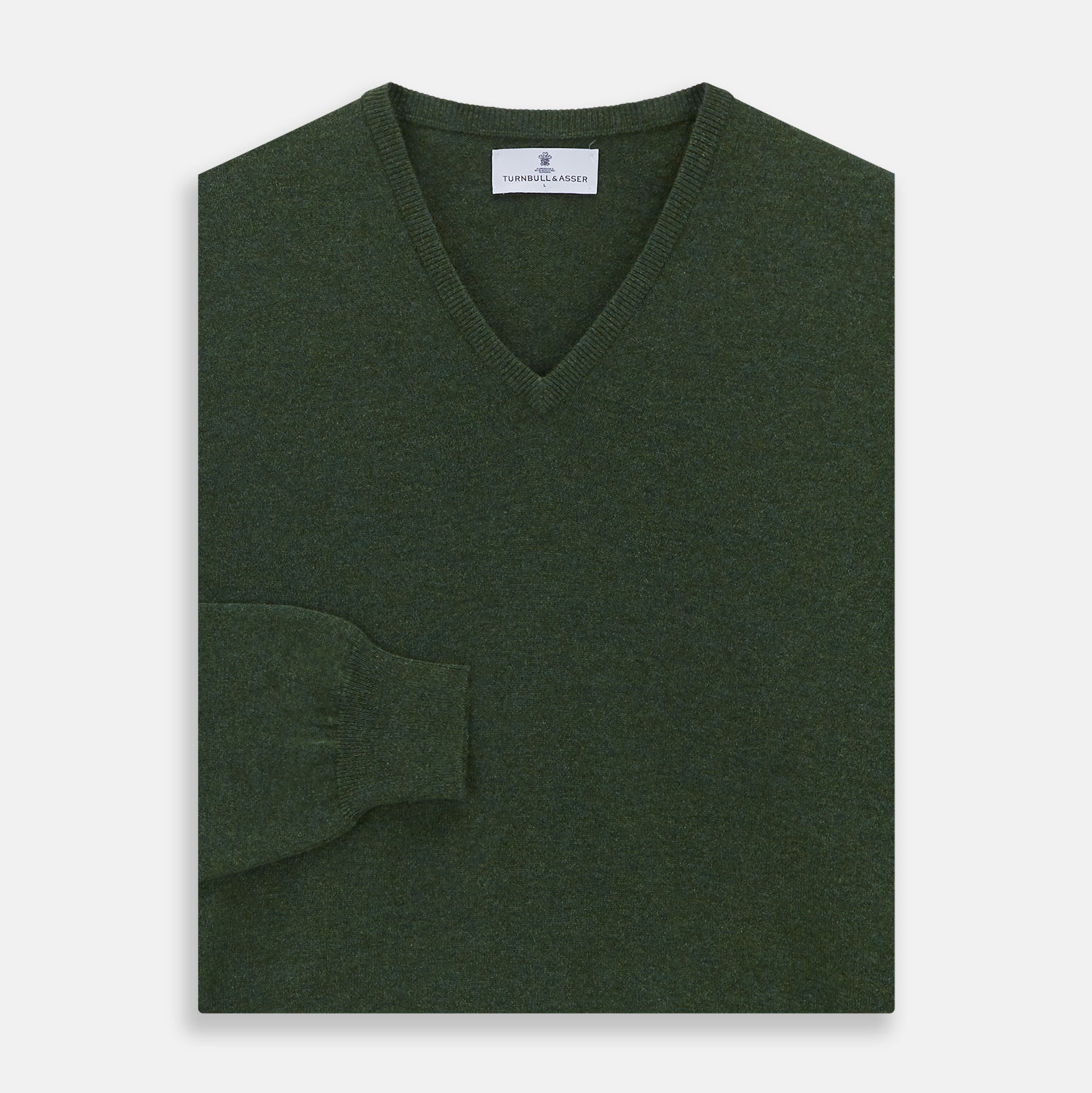 View 3 of product The Turnbull & Asser Green V-Neck Cashmere Jumper, made from soft Scottish cashmere, features long sleeves with ribbed cuffs and a ribbed hem. It is shown laid flat on a white background.