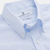 View 2 of product The Turnbull & Asser Pale Blue Stripe Cotton Weekend Fit Williams Shirt features short sleeves, a collar, a single chest pocket, and Italian cotton material, displayed on a plain white background.