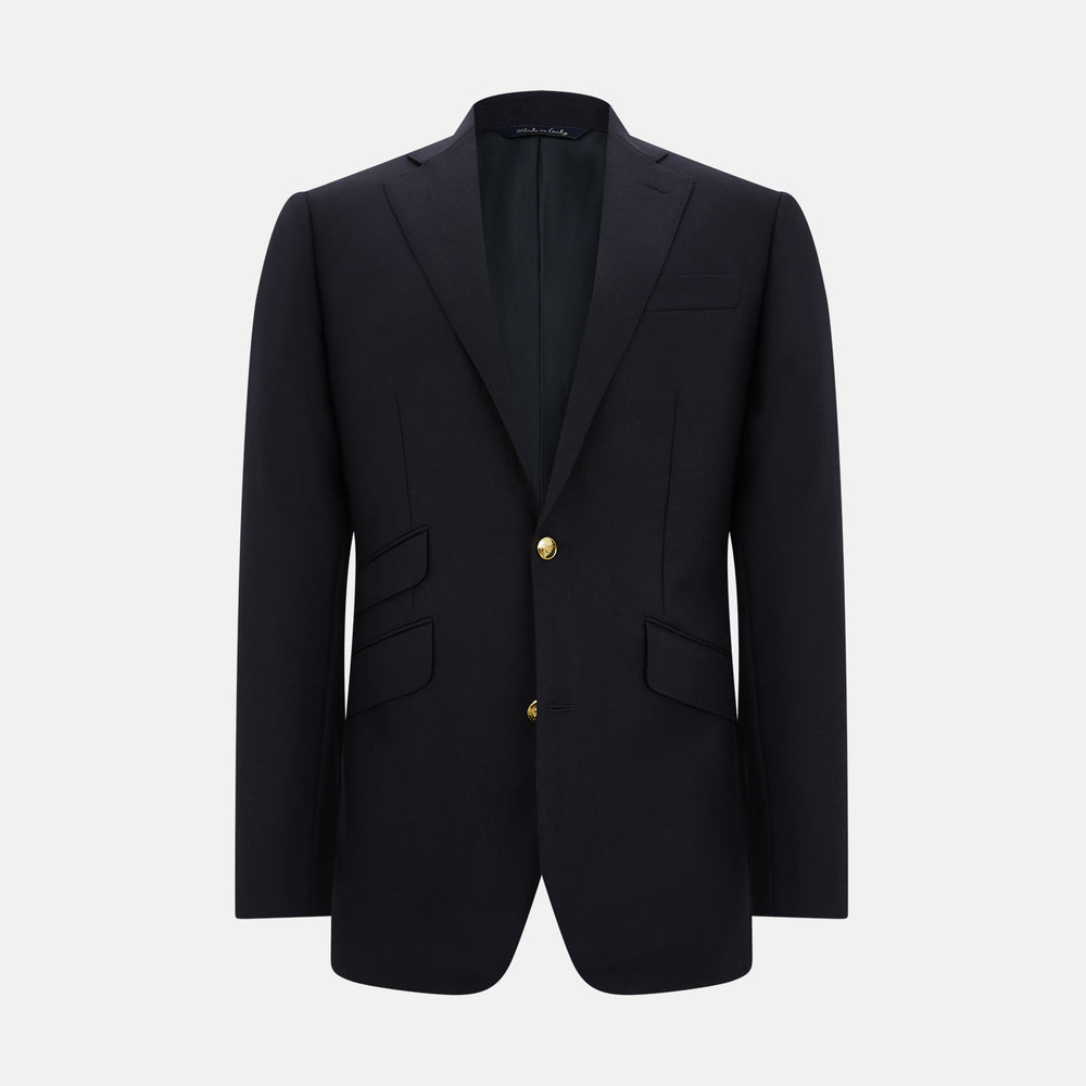 The Short Navy Single Breasted Classic Blazer by Turnbull & Asser features two gold buttons, notched lapels, and three front pockets, shown here on a plain white background.