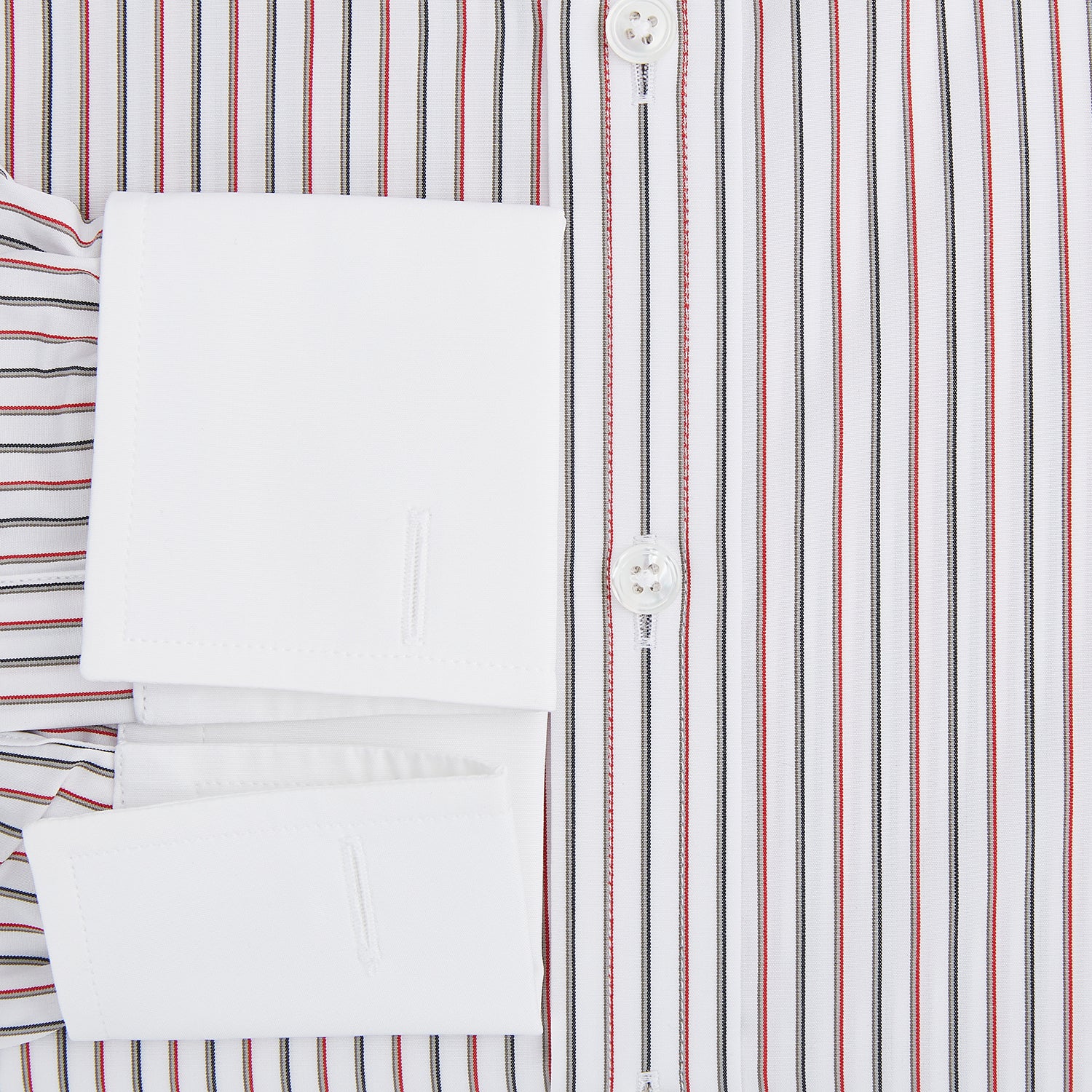 View 4 of product The Red Double Stripe Shirt with contrast T&A collar and cuffs by Turnbull & Asser features classic thin vertical red stripes and solid white collar and cuffs, laid flat on a white background for a timeless look.