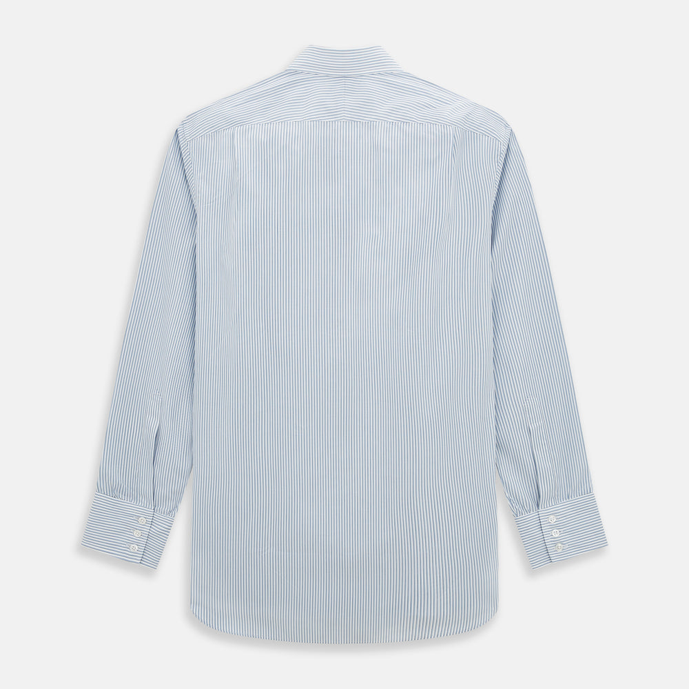The Turnbull & Asser Sky Blue Shadow Pinstripe Mayfair Shirt, a long-sleeved, button-up shirt with a T&A collar and light blue and white thin vertical stripes, is displayed flat on a white background.