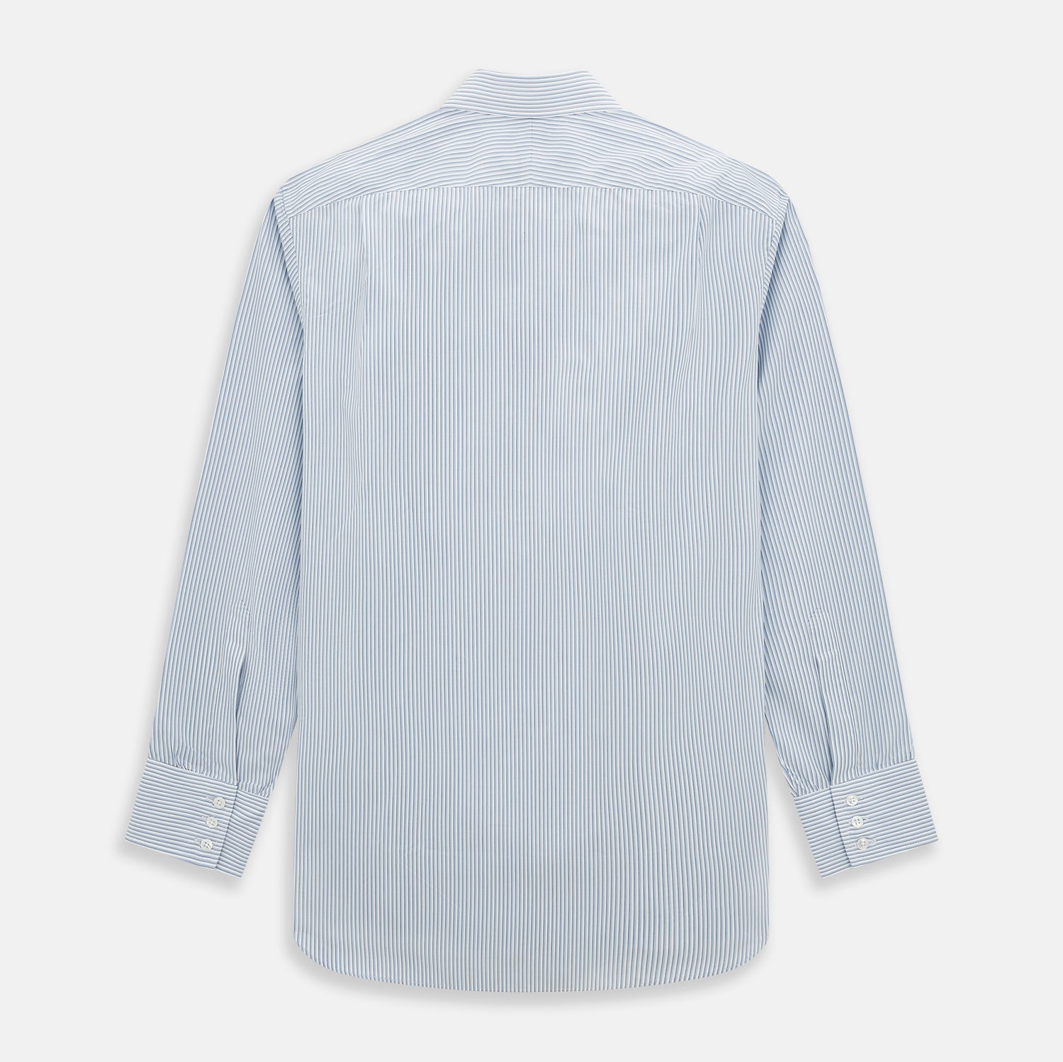 View 3 of product The Turnbull & Asser Sky Blue Shadow Pinstripe Mayfair Shirt, a long-sleeved, button-up shirt with a T&A collar and light blue and white thin vertical stripes, is displayed flat on a white background.