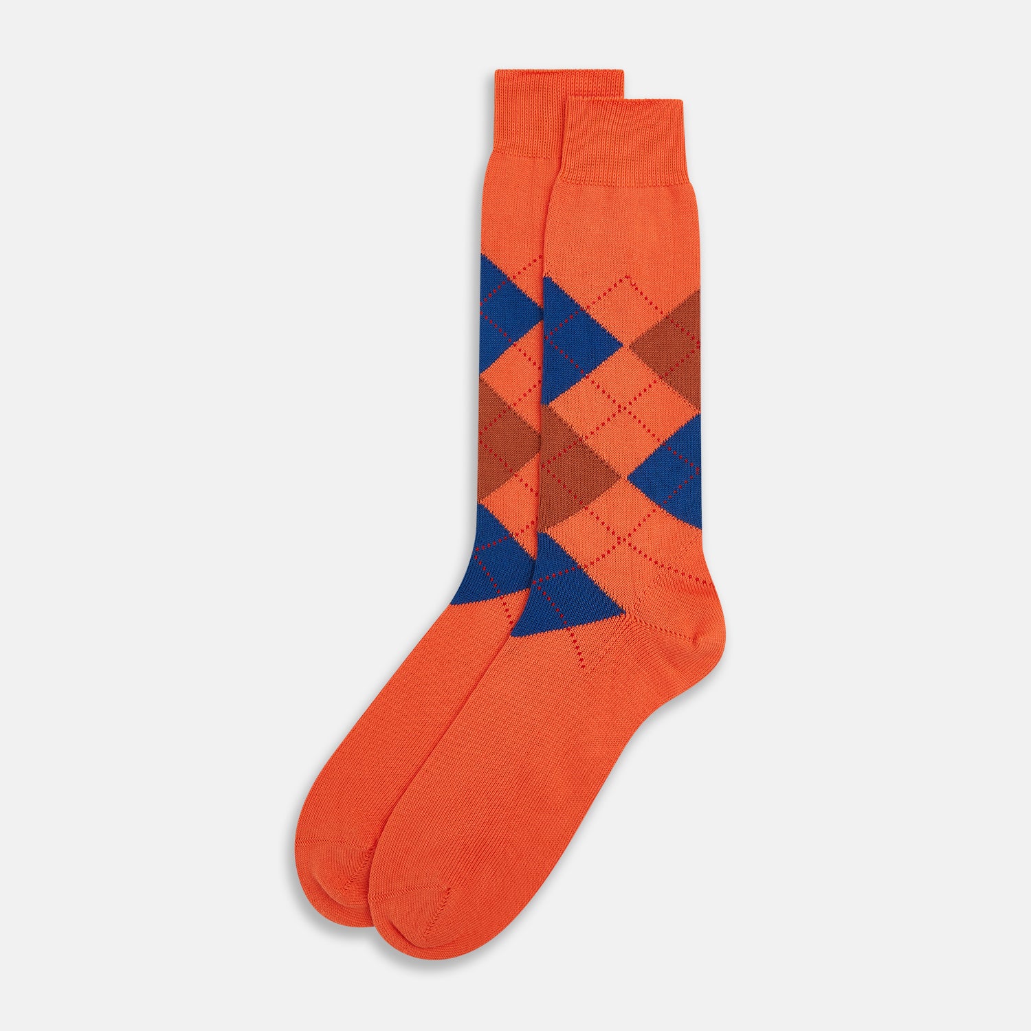 View 2 of product Turnbull & Asser's Royal Blue and Orange Patterned Mid-Length Socks feature an argyle design with brown, blue, and orange diamonds, shown against a plain white background.